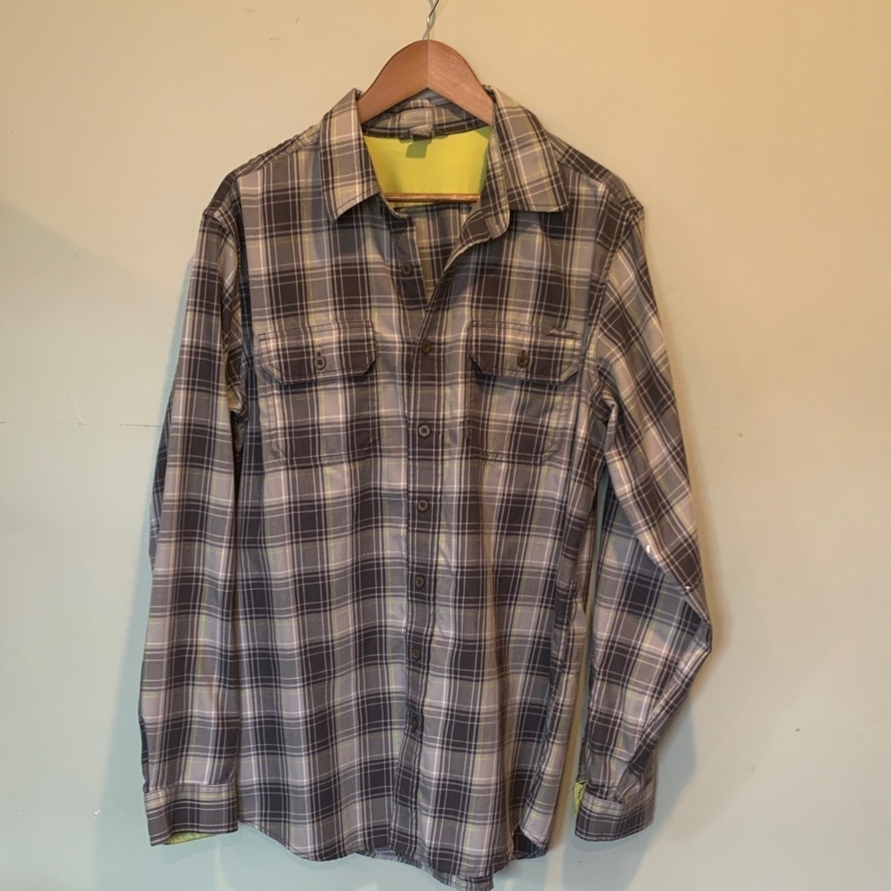 Eddie Bauer Gray and Green Plaid Long Sleeve Button-Up Shirt Men’s Large Tall TL